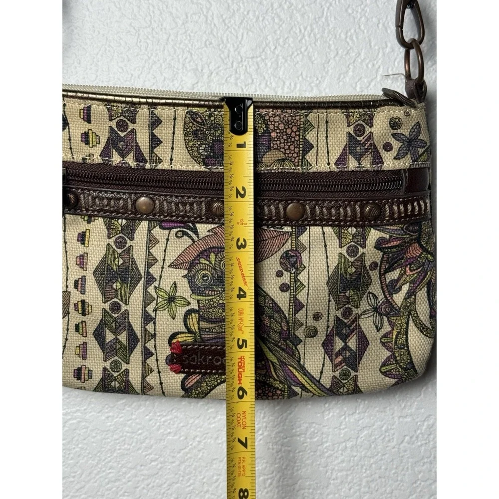 Sakroots Owl Floral Canvas Crossbody Bag Brown Braided Strap Small Boho Purse